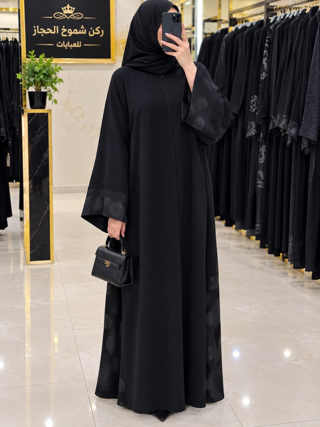 عباية نسائية سوداء بتفاصيل نقوش على الأكمام والأطراف